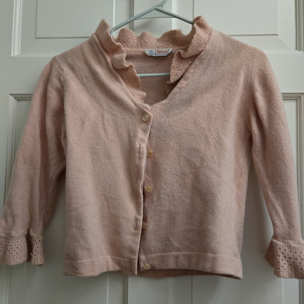 Vintage 1950s Pink Angora Wool Mink Blend Cardigan – Darlene Ruffle Collar
